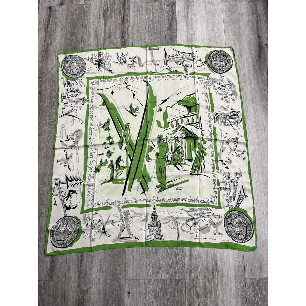 *RARE* Vtg 1949 Dartmouth College Silk Scarf School Scenes & Hanover Winter Song